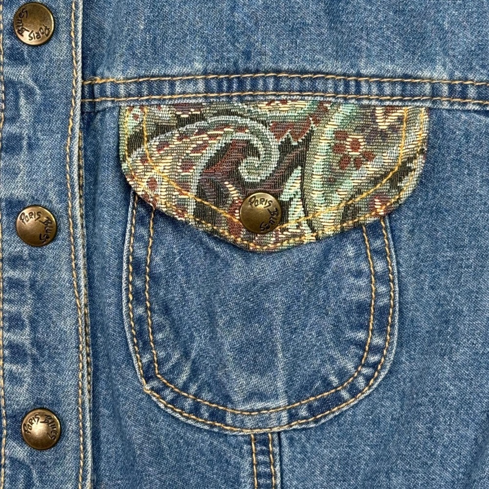 Vintage Paris Blues Denim‎ Maxi Dress Paisley Trim Western Button Front USA  7 - Picture 10 of 14